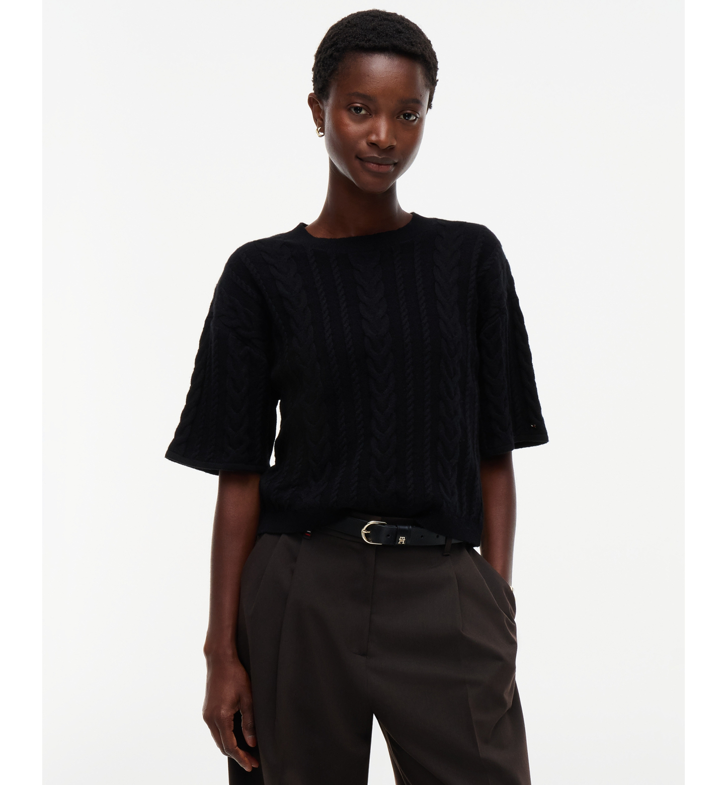 Tommy Hilfiger Women's Cable-Knit Bow Detail Crewneck Sweater - Black