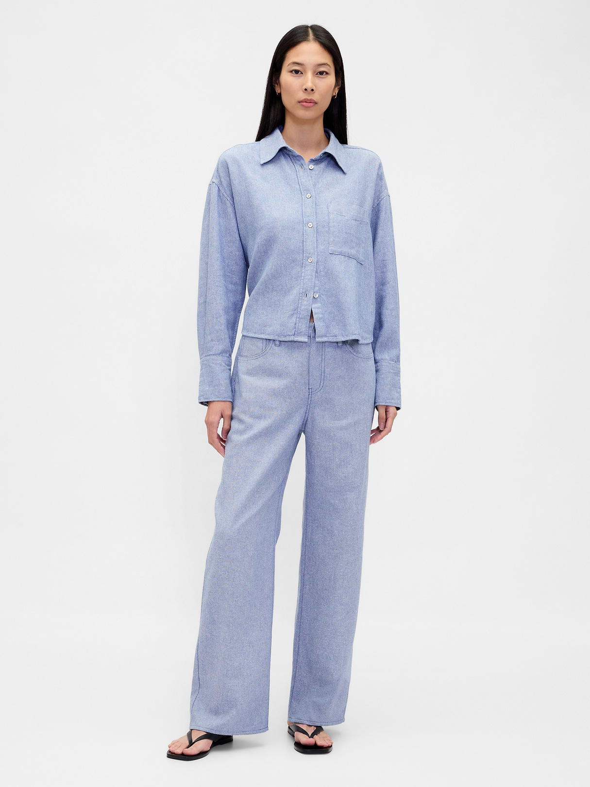 Linen-Cotton Oversized Shirt - Blue chambray