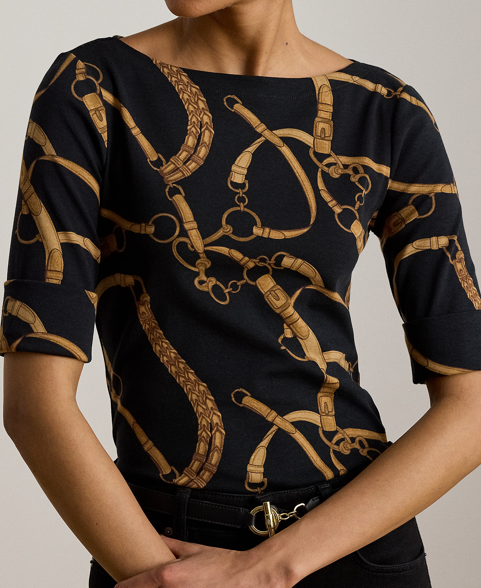 Lauren Ralph Lauren Women's Boat Neck Belting Print T-Shirt - Black/tan