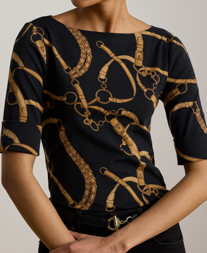 Lauren Ralph Lauren Women's Boat Neck Belting Print T-Shirt - Black/tan
