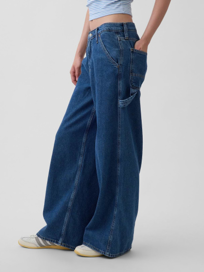 Mid Rise Denim Stripe Baggy Jeans - Dark indigo