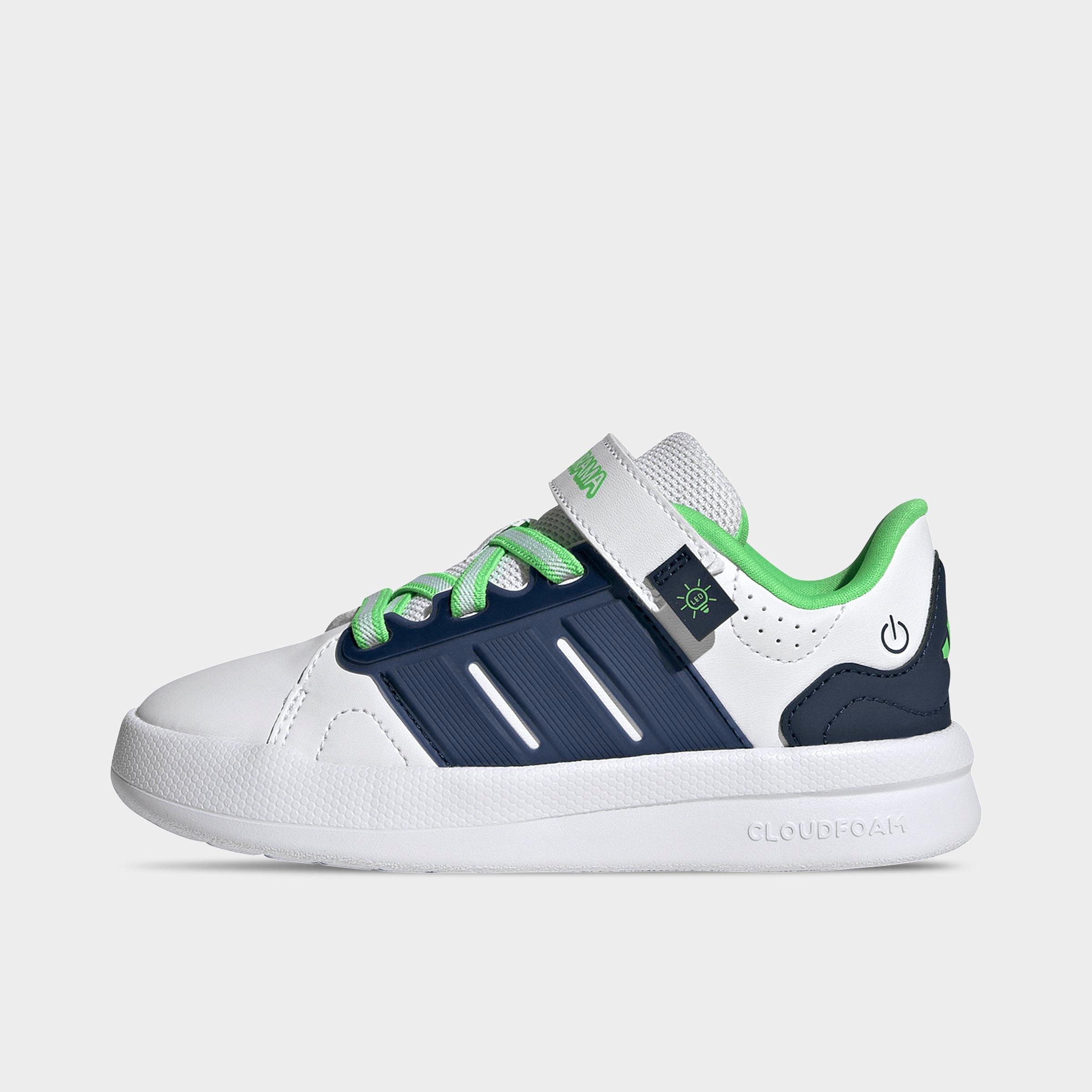 Little Kids' adidas x Minecraft Lightorama Court Stretch Lace Hook-And-Loop Casual Shoes - Cloud White/Night Indigo/Screaming Green - Left shoe facing left. Outside of the shoe.