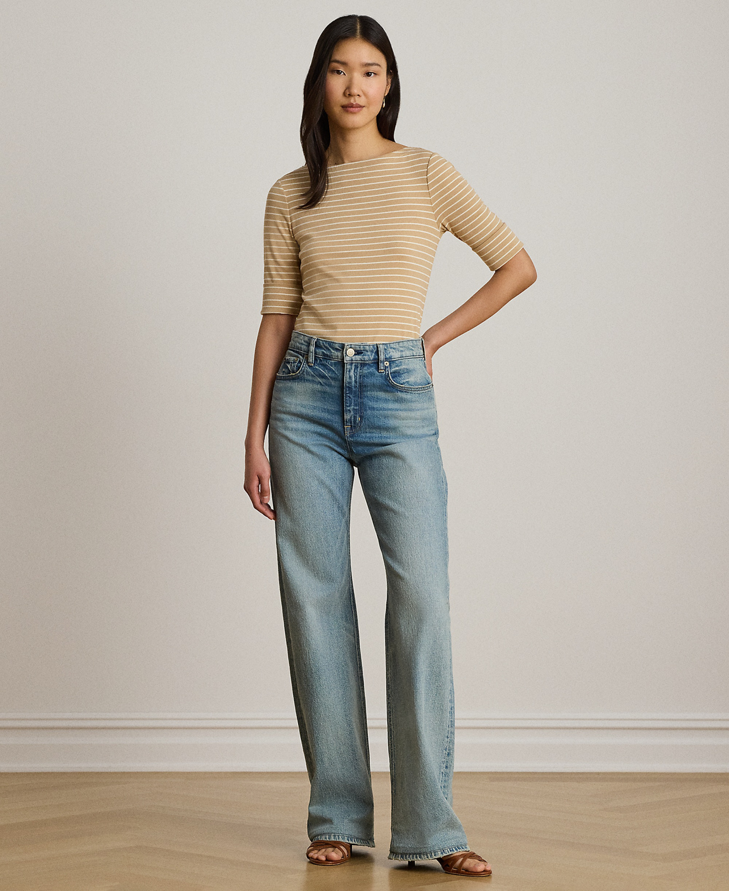 Lauren Ralph Lauren Women's Striped Boat Neck Top - Birch Tan/mascarpone Cream