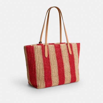City Tote Bag With Stripes And Charm - Gold/Red/Tan - view 5