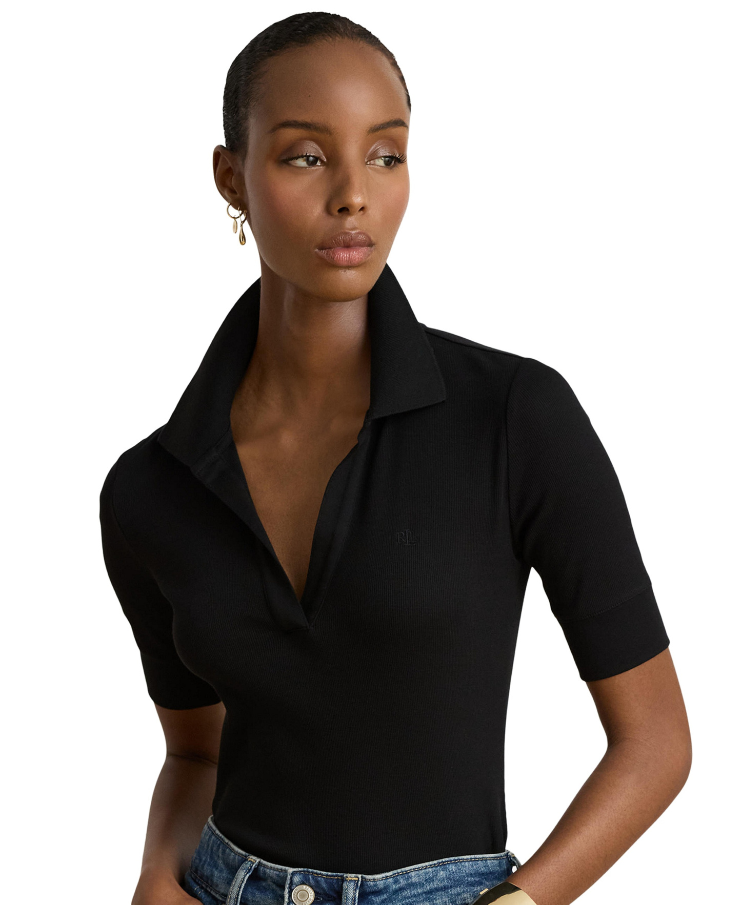 Lauren Ralph Lauren Women's Jersey Short-Sleeve Collared Top - Black