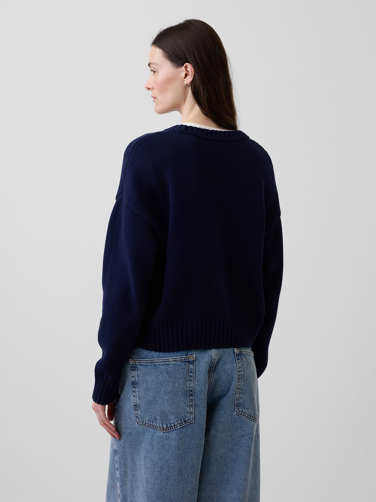 100% Cotton Oversized Crop Sweater - Navy blue
