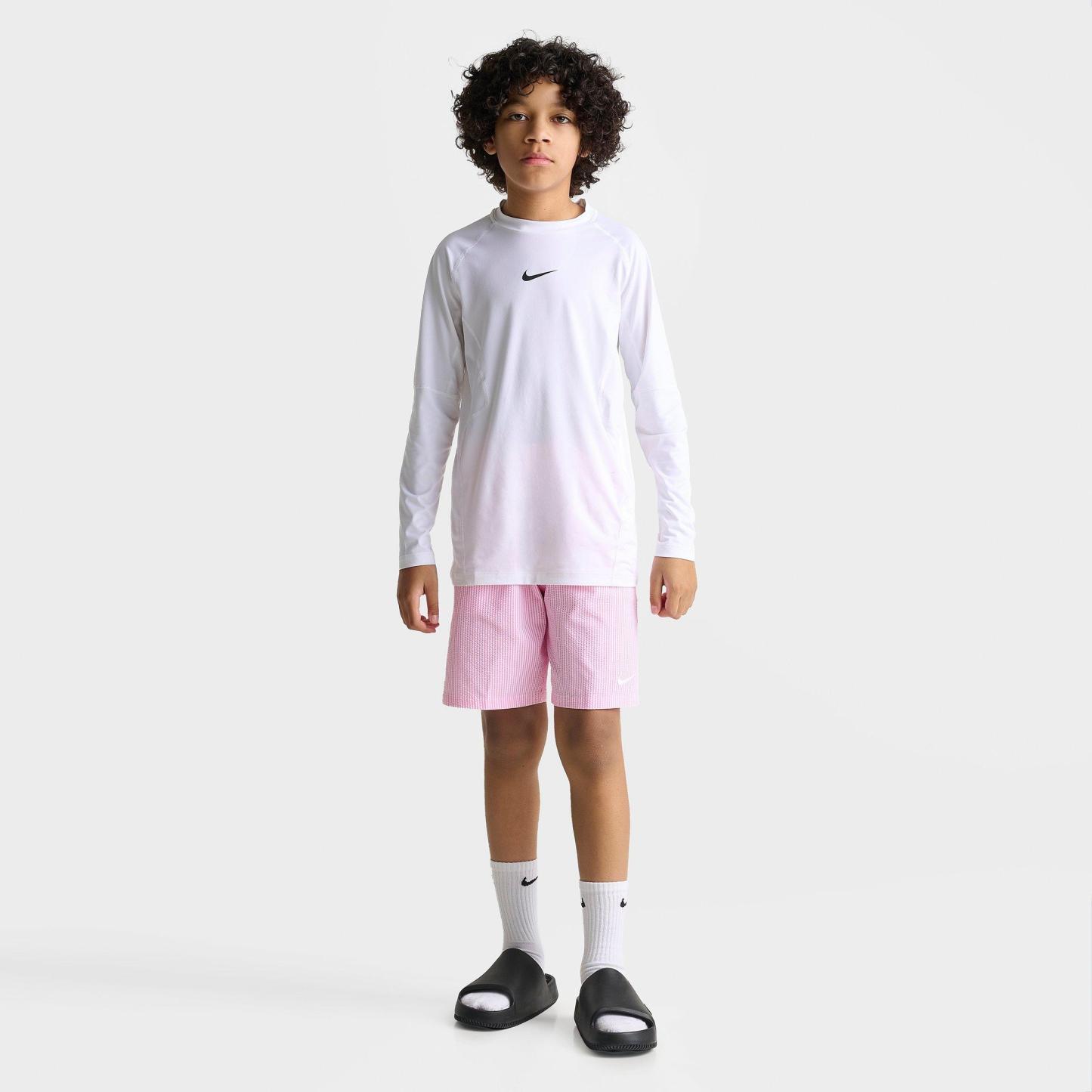 Big Kids' Nithtke Seersucker Ripple Brief-Lined 7" Volley Swim Shorts - Pink Glow