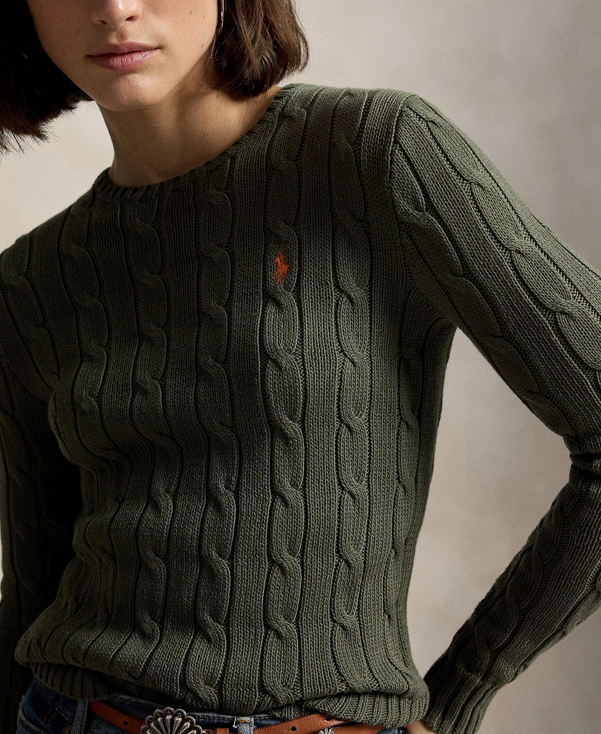 Polo Ralph Lauren Women's Cable-Knit Cotton Crewneck Sweater - Dense Olive