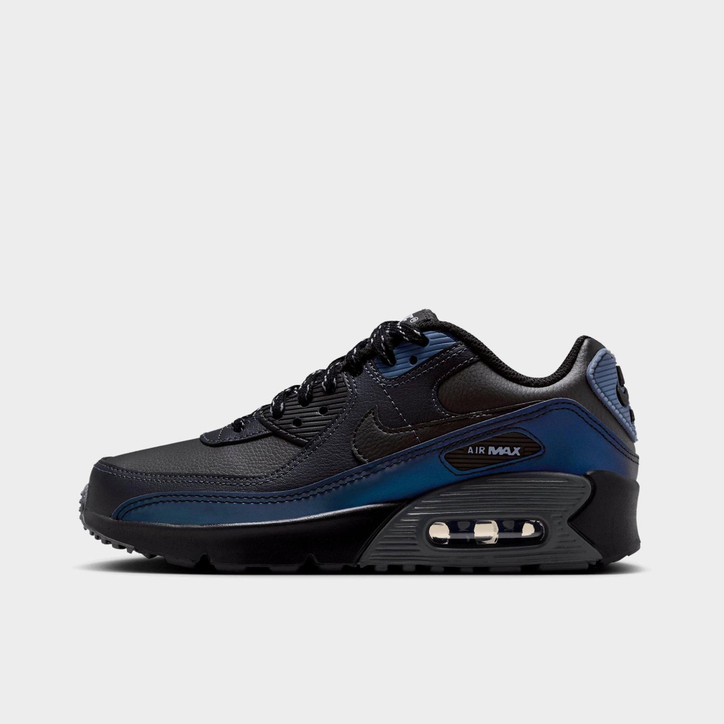 Big Kids' Nithtke Air Max 90 Casual Shoes - Black/Dark Smoke Grey/Light Carbon/Black - Left shoe facing left. Outside of the shoe.