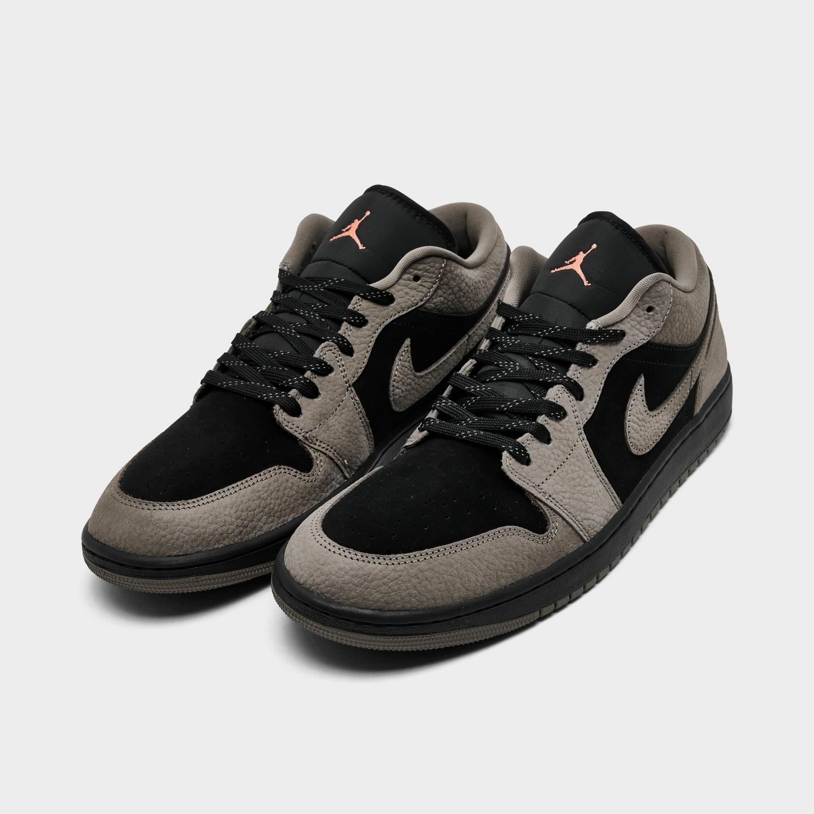 Men's Air Jordan Retro 1 Low SE Casual Shoes - Black/Olive Grey/Light Wild Mango - Left shoe facing left. Outside of the shoe. - view 2