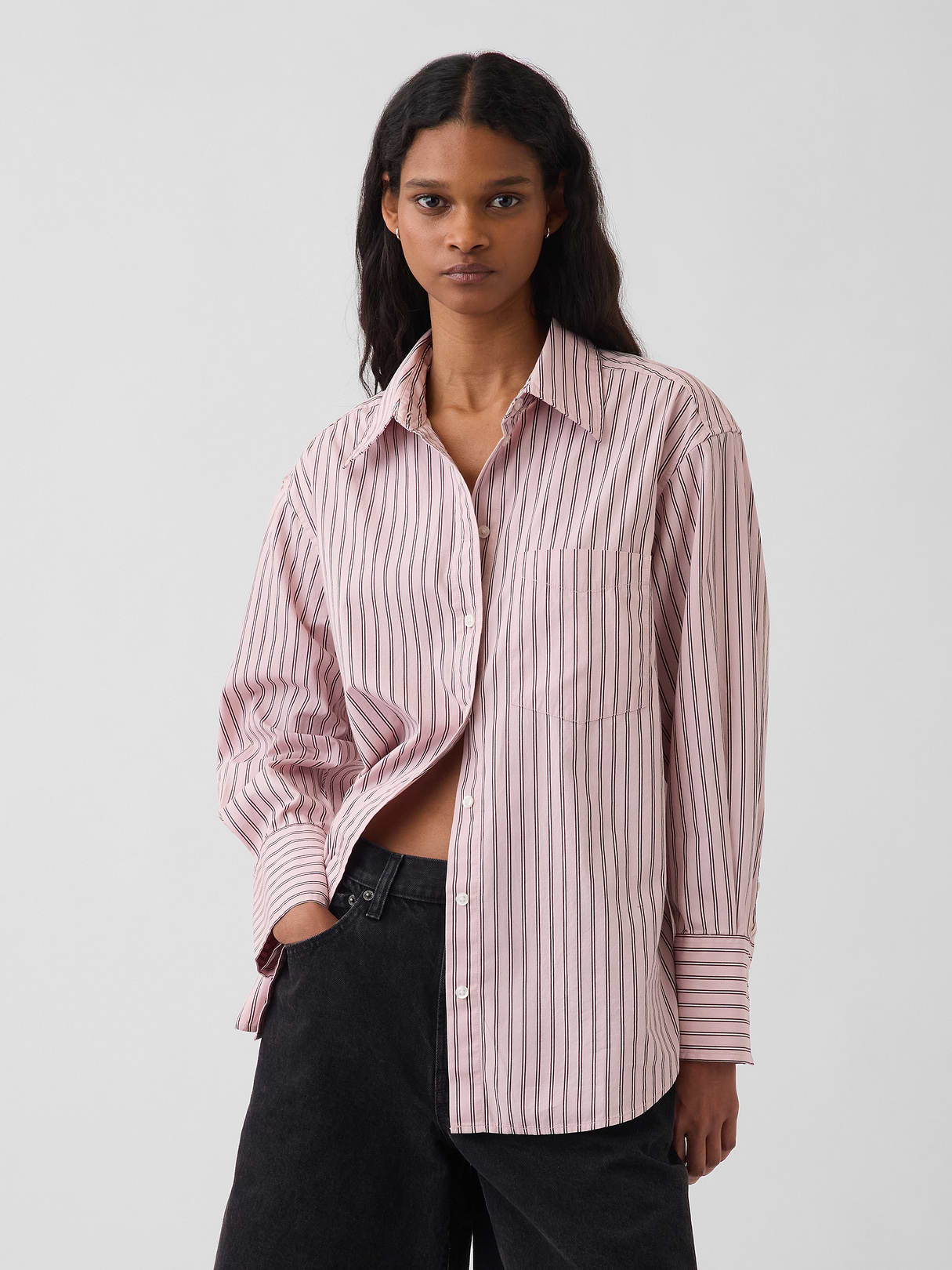 Organic Cotton Poplin Stripe Big Shirt - Pink & white stripe