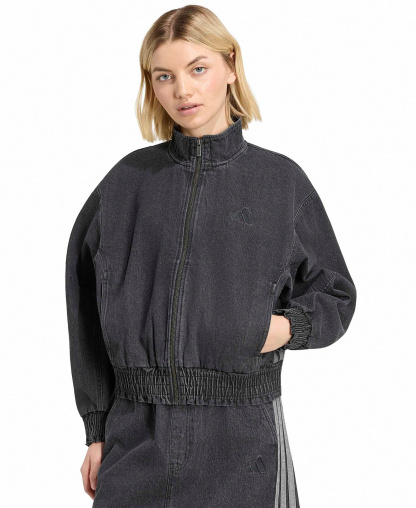 adidas Women's Stadium Washed Denim Bomber Loose-Fit Jacket - Black