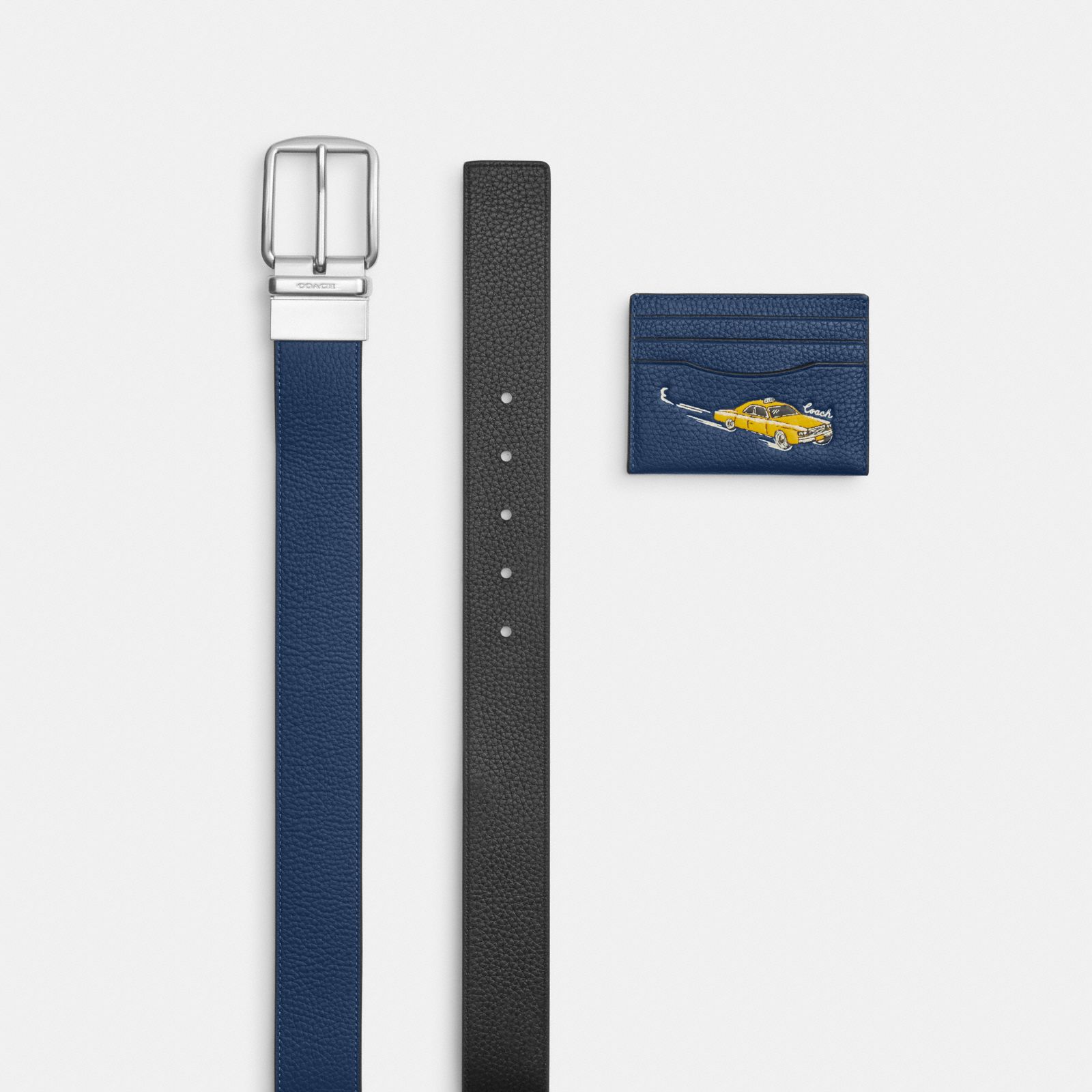 Boxed Card Case And Belt Set With Car Print - Silver/Deep Blue Multi