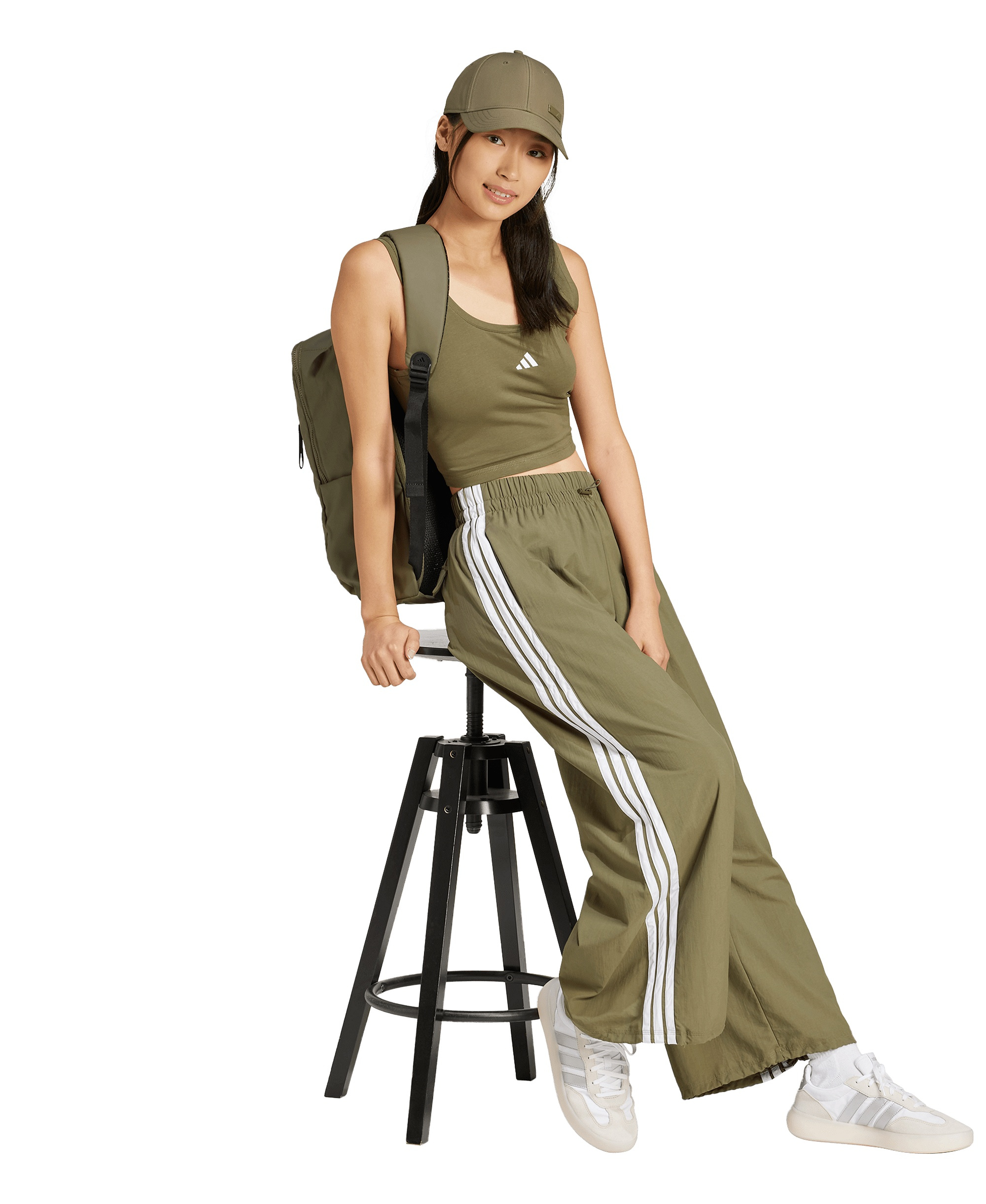 adidas Women's Three Stripe Parachute Pants - Dark Green