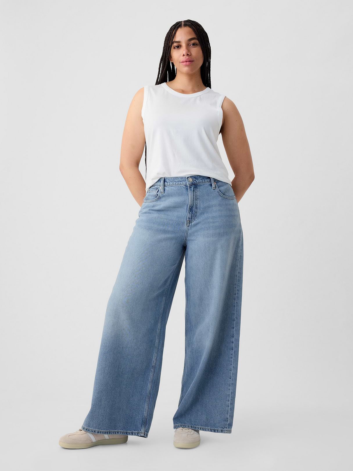 Mid Rise Denim Stripe Baggy Jeans - Light indigo wash