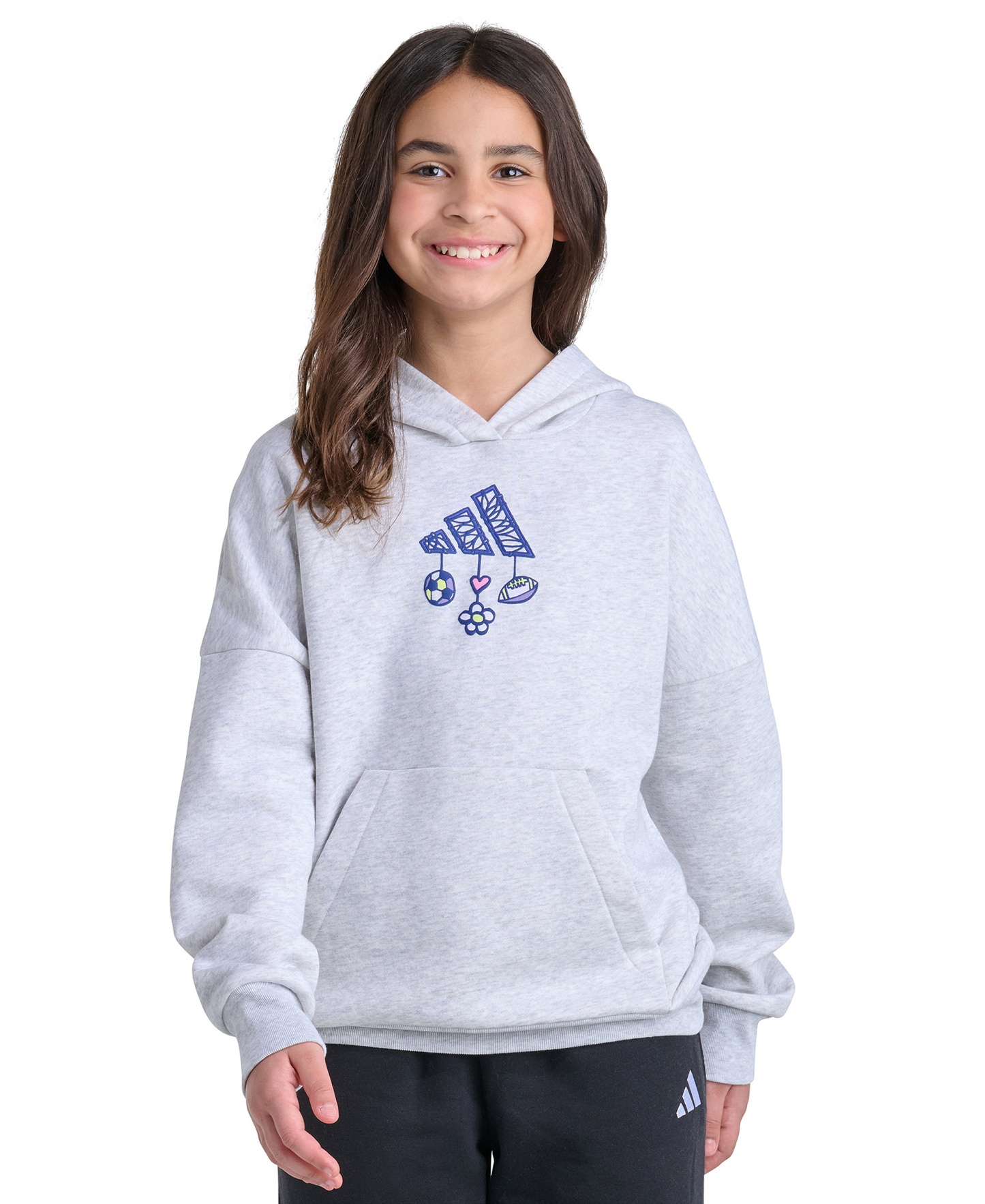 adidas Girls' 8-16 Long-Sleeve Graphic Fleece Hooded Sweatshirt - Light Gray Heather