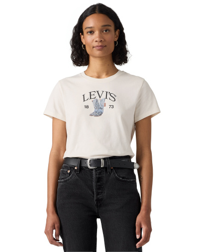 Levi's Women's Perfect Graphic Logo Cotton T-Shirt - Levis Denim Boots Egret