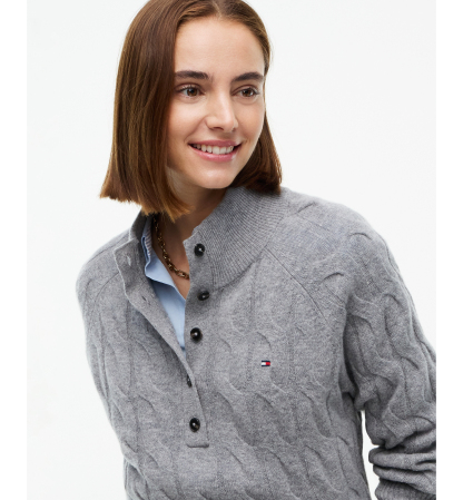 Tommy Hilfiger Women's 100% Wool Cable-Knit Mock Neck Sweater - Medium Grey Heather
