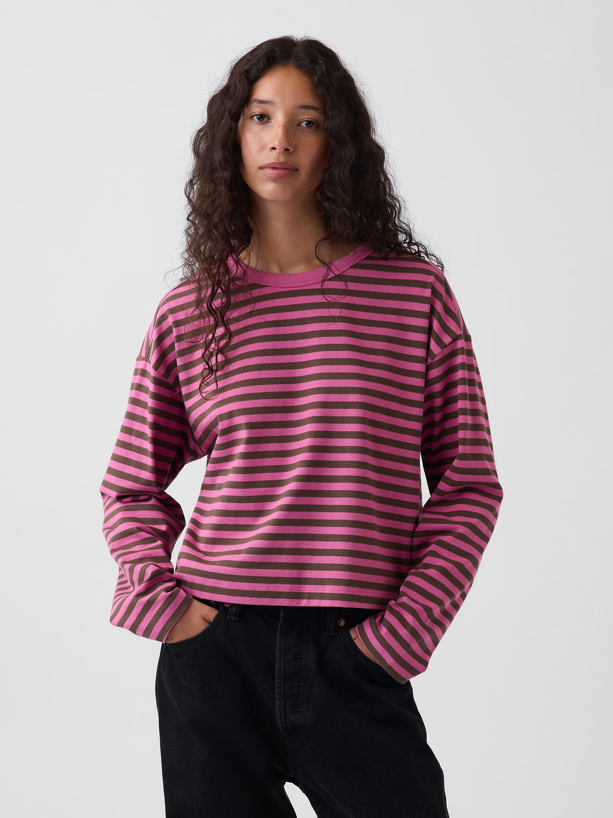 Knit Oversized Crop T-Shirt - Pink stripe