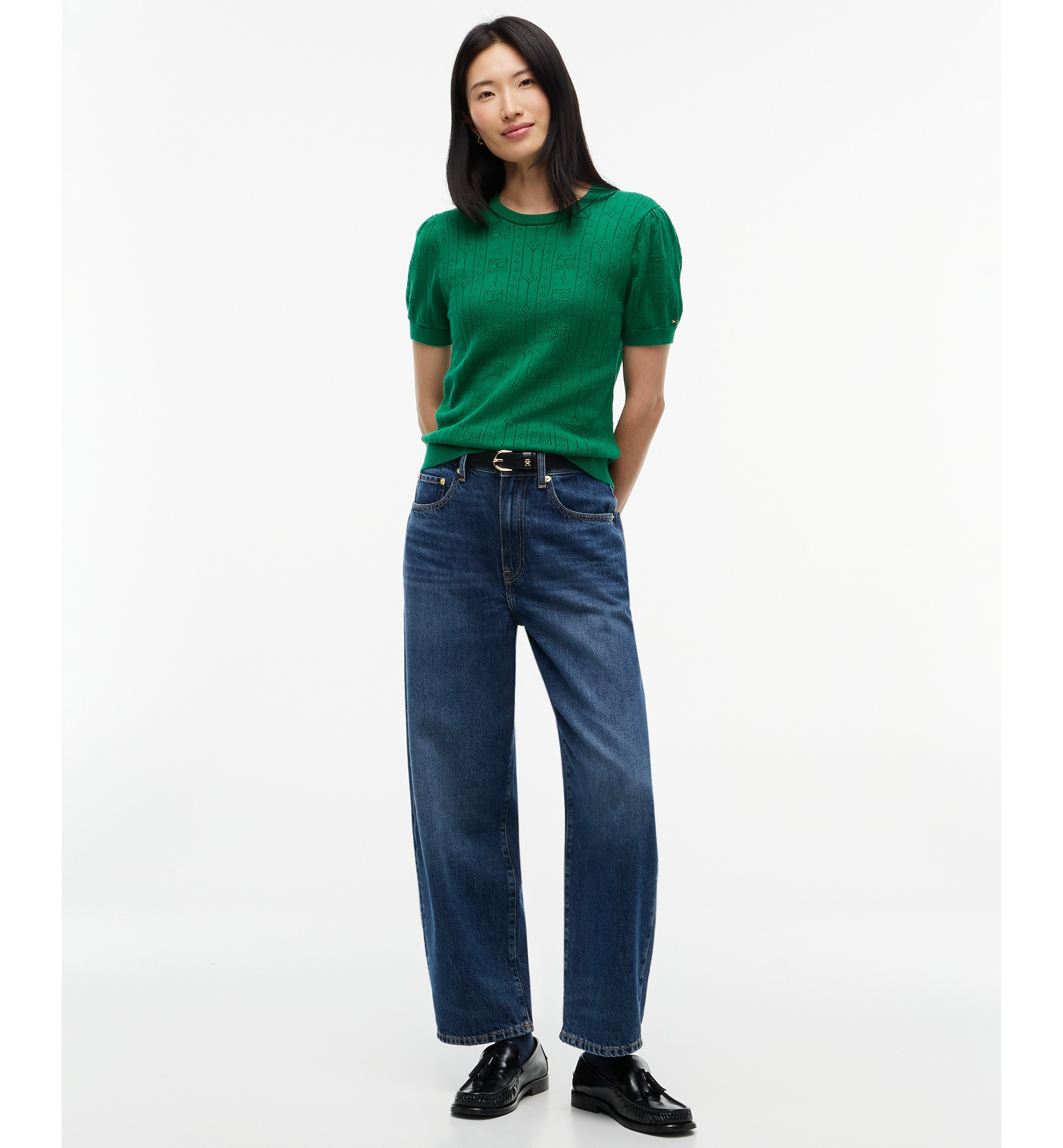Tommy Hilfiger Women's Pointelle Puff-Sleeve Sweater - Nouveau Green