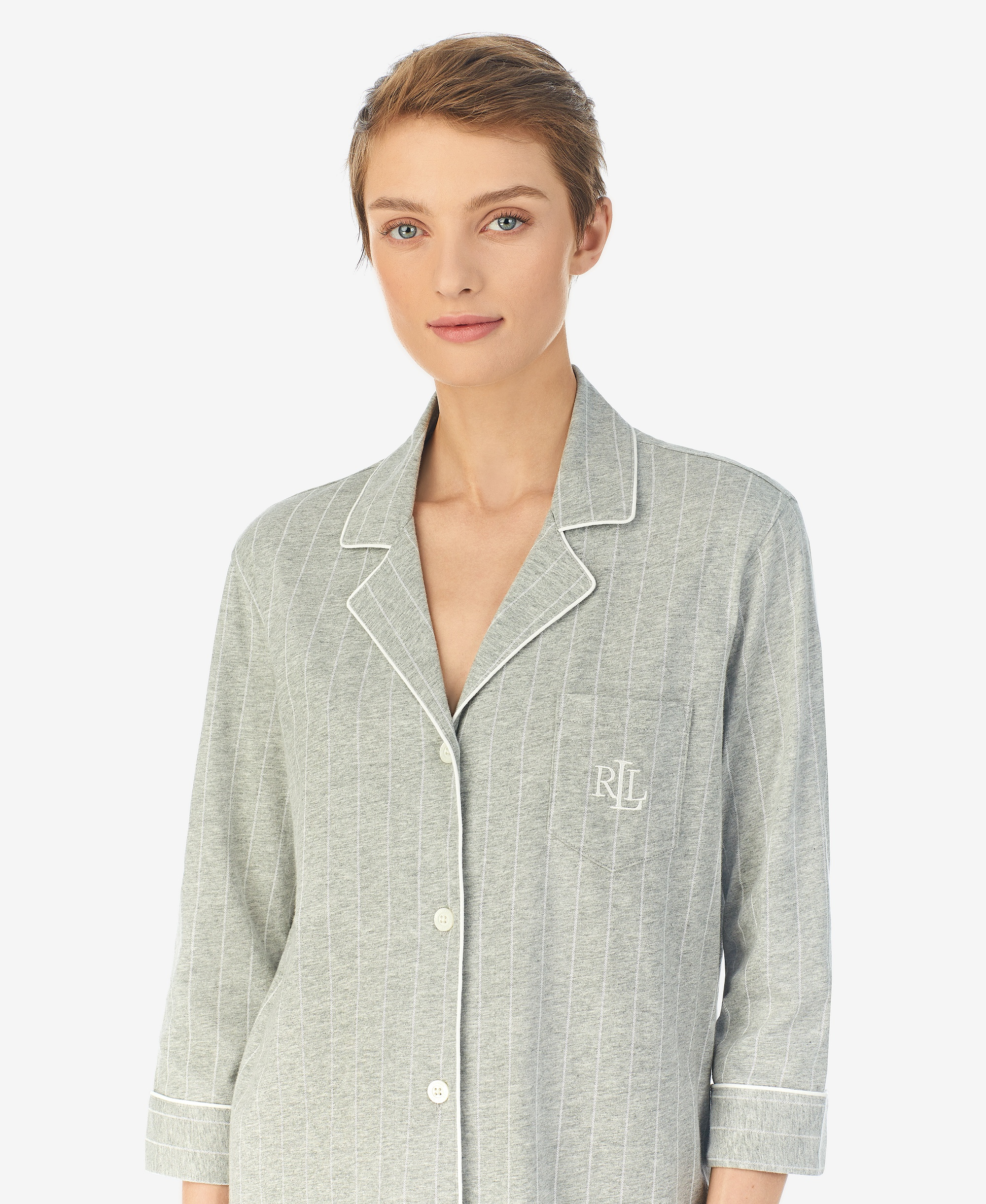 Lauren Ralph Lauren Womens 3/4 Sleeve Cotton Notch Collar Capri Pant Pajama Set - Grey Stripe