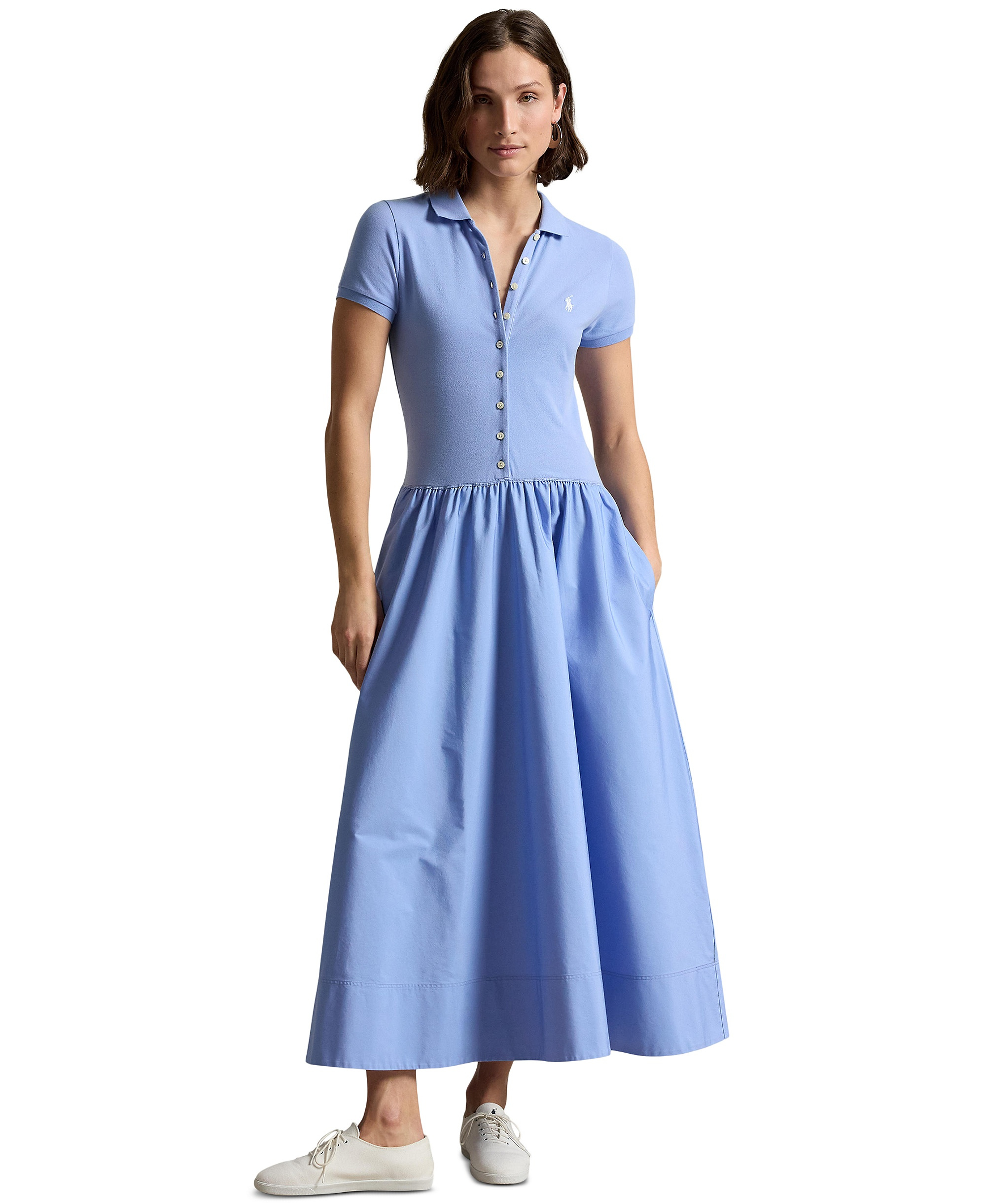 Polo Ralph Lauren Women's Hybrid Mesh Polo Collar A-Line Dress - Dress Shirt Blue