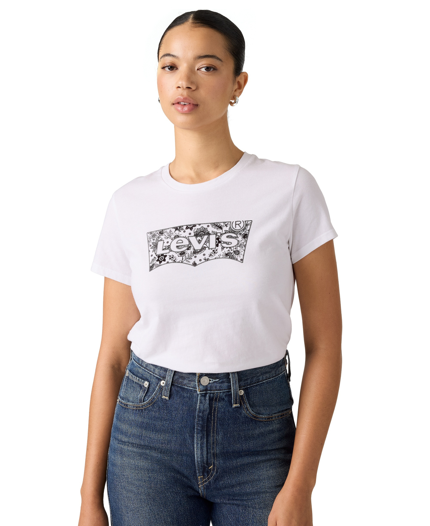 Levi's Women's Perfect Graphic Logo Cotton T-Shirt - Floral Bandana Bw Bright White