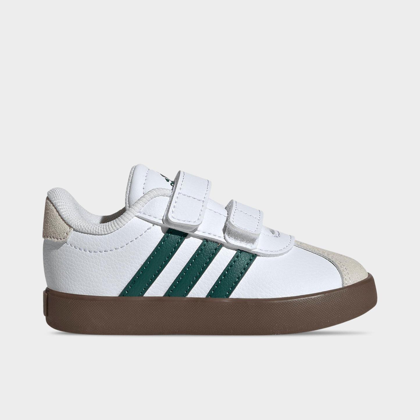 Kids' Toddler adidas VL Court 3.0 Hook-And-Loop Casual Shoes - Footwear White/Collegiate Green/Gum - Left shoe facing left. Outside of the shoe.