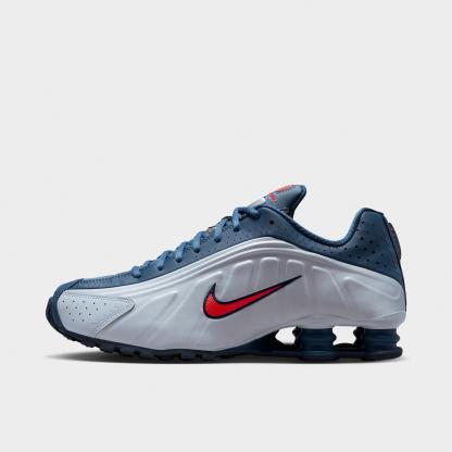 Men's Nithtke Shox R4 Casual Shoes - Football Grey/New Slate/Blue Eclipse/Bright Crimson - Left shoe facing left. Outside of the shoe.