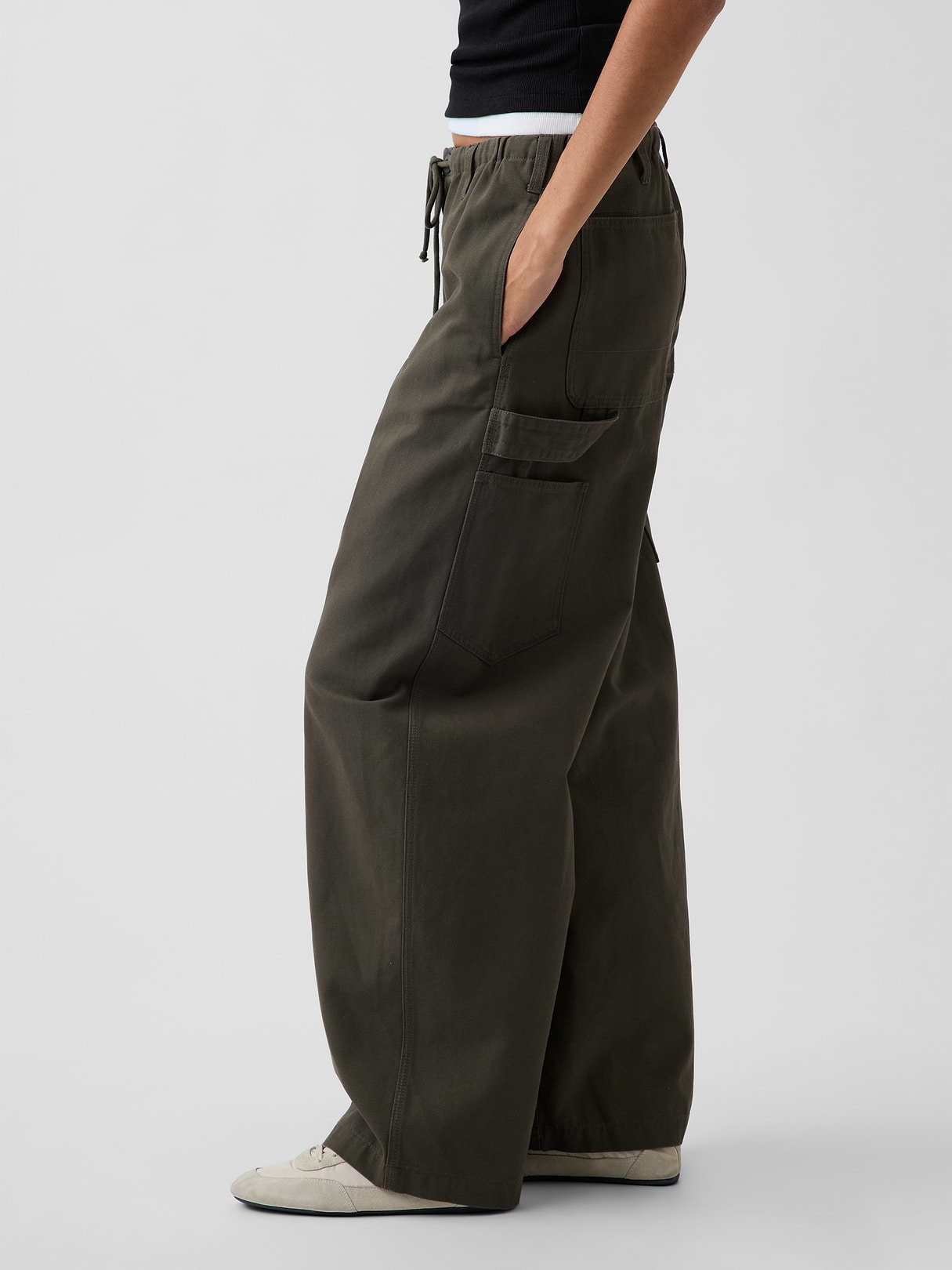 Canvas Easy Baggy Barrel Cargo Pants - Bamboo green