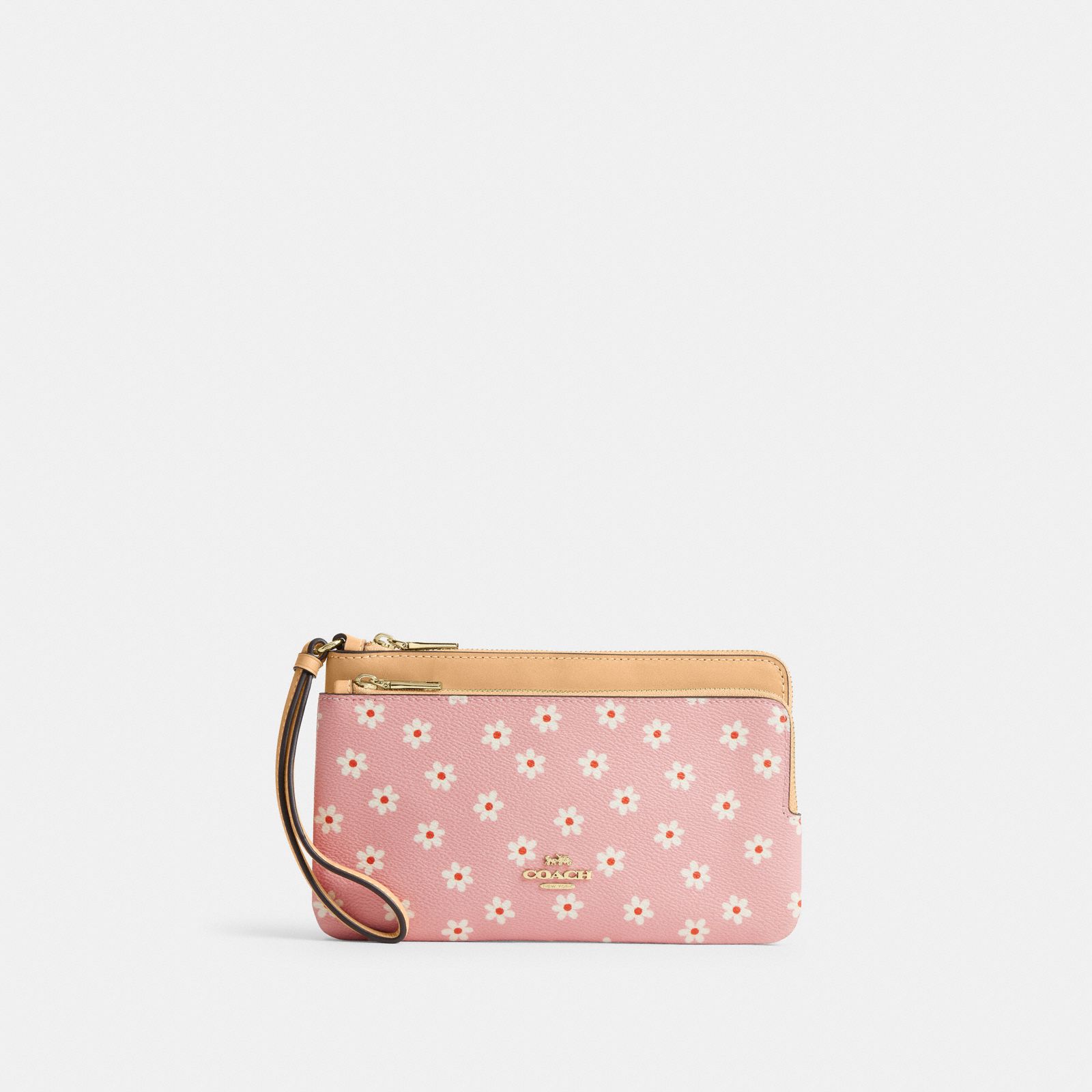 Double Zip Wristlet With Floral Print - Gold/Pink Multi
