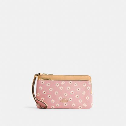 Double Zip Wristlet With Floral Print - Gold/Pink Multi