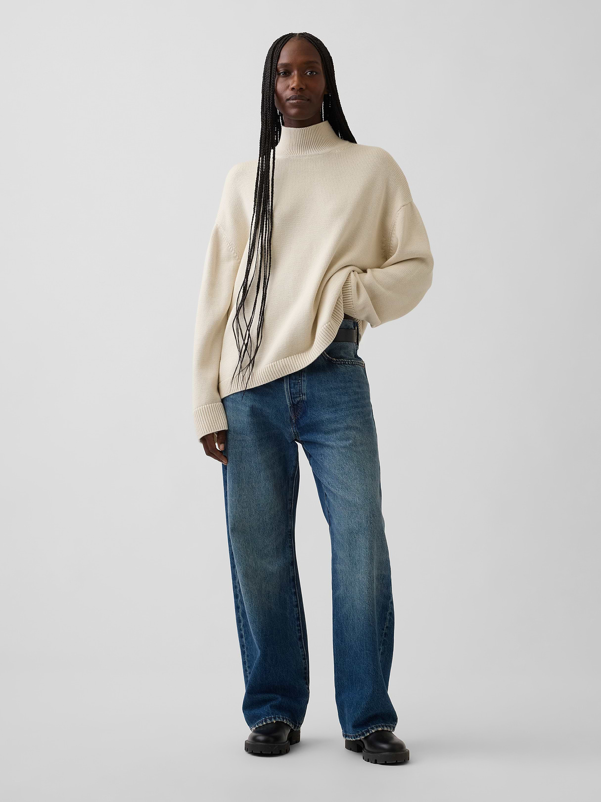 100% Cotton Oversized Mockneck Sweater - Cobblestone beige