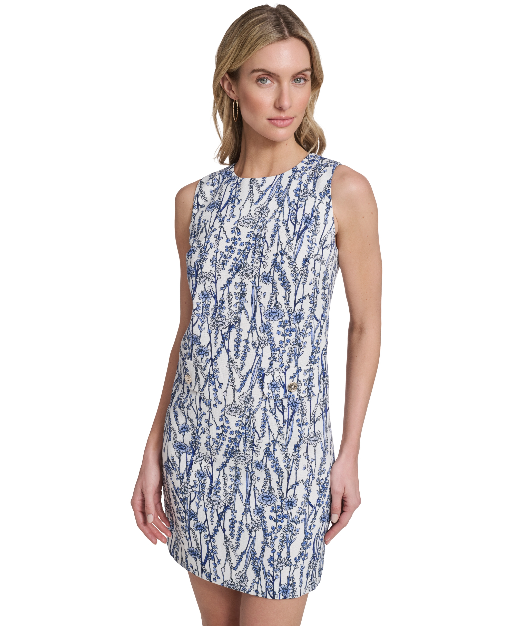Tommy Hilfiger Women's Sleeveless Hopsack Pocket Shift Dress - Provence Blue Multi