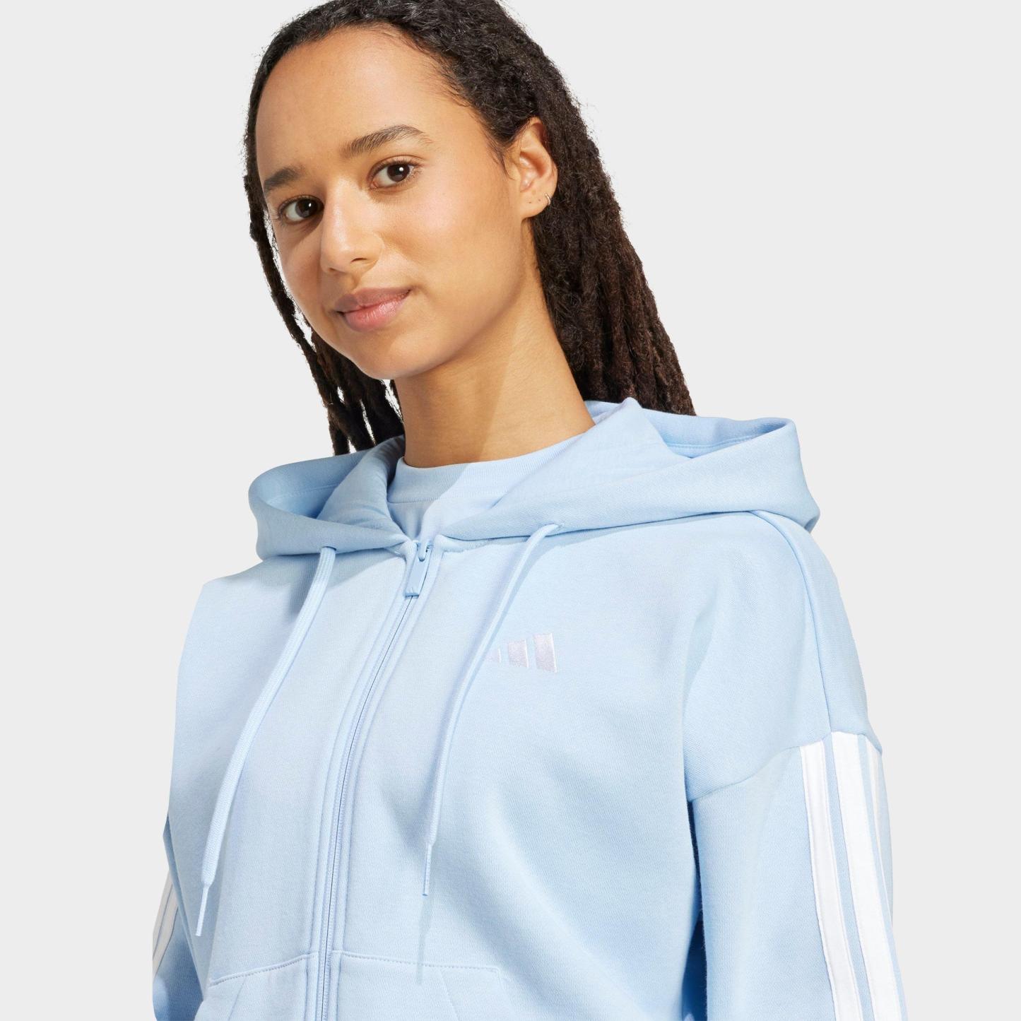 Women's adidas Essentials 3-Stripes Fleece Full-Zip Hoodie - Glow Blue/White