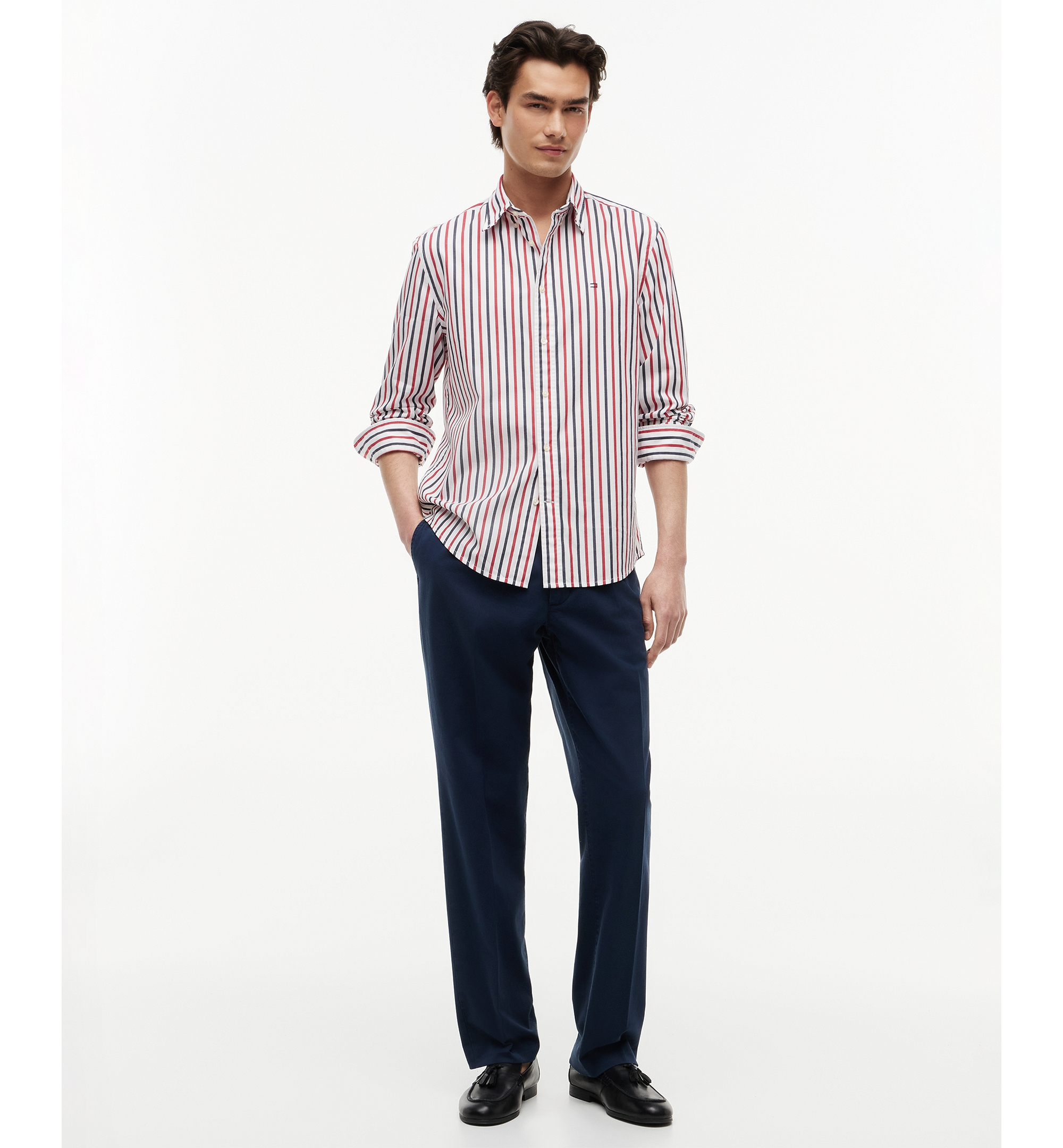 Tommy Hilfiger Regular-Fit Men's Flex Poplin Stripe Shirt - Medium Red / Multistripe