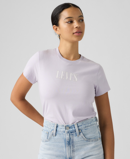 Levi's Women's Perfect Graphic Logo Cotton T-Shirt - Serif Stud Outline Lavender Blue