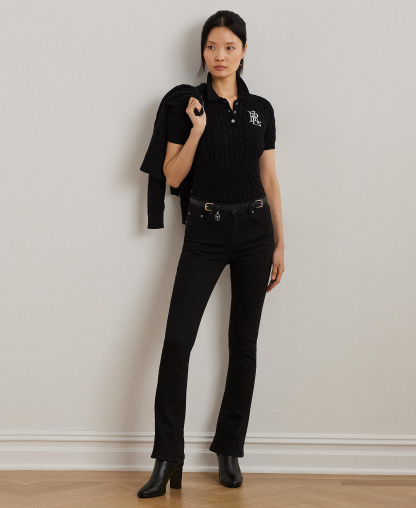 Lauren Ralph Lauren Women's Cable-Knit Sweater Polo - Black