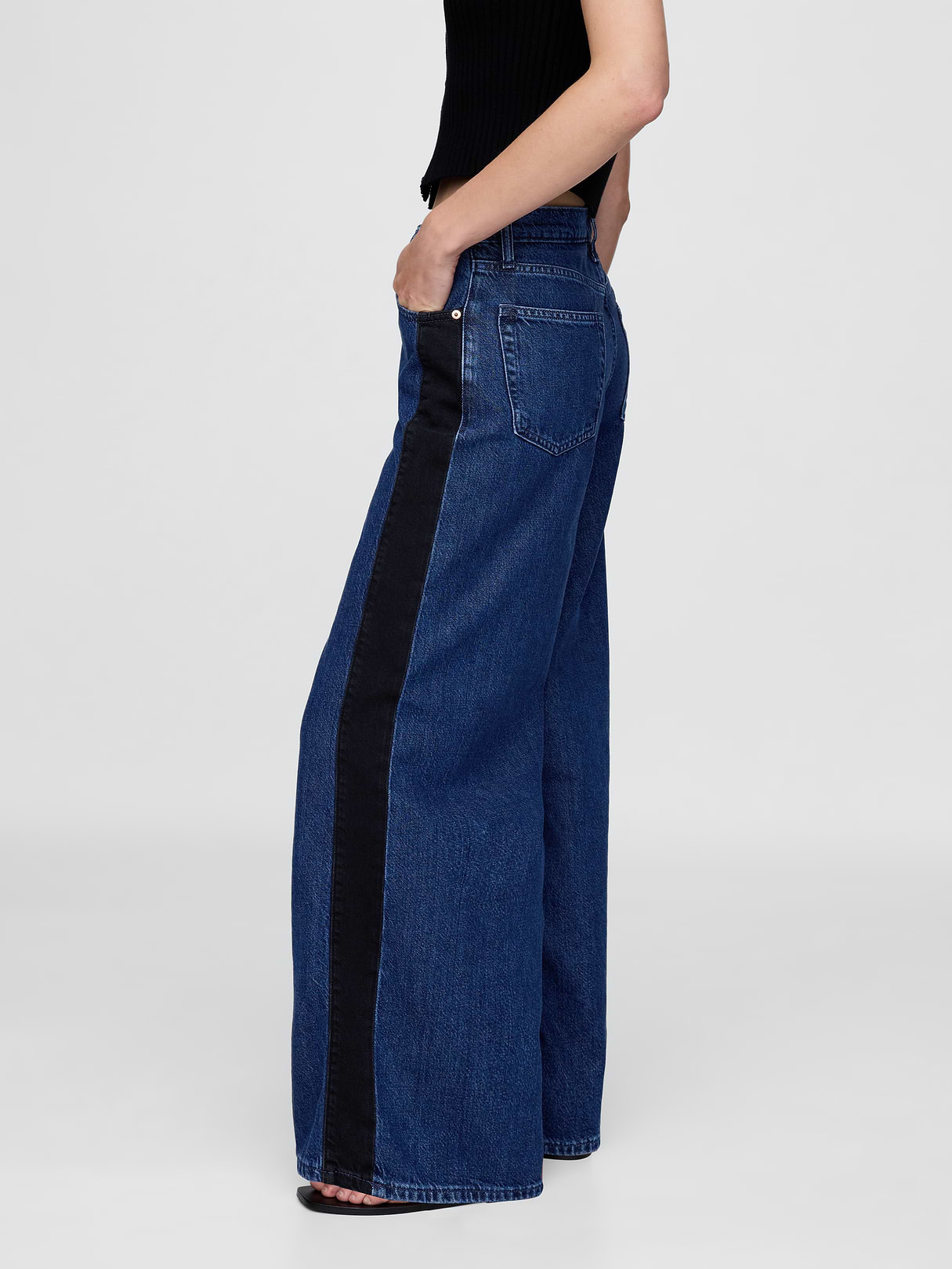 Mid Rise Denim Stripe Baggy Jeans - Side stripe medium wash