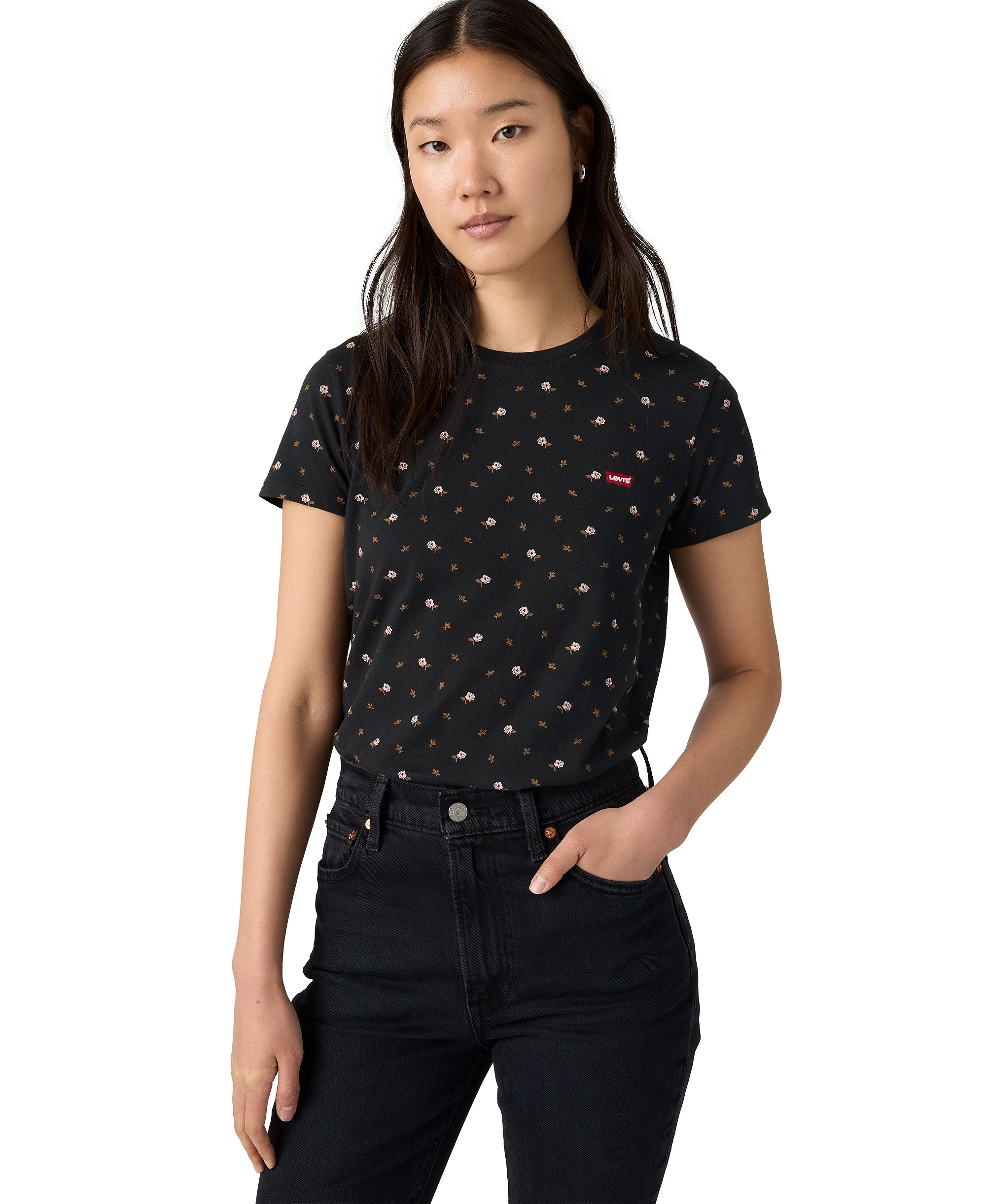 Levi's Women's The Perfect Crew Neck Cotton T-Shirt - Taru Floral V2 Anthracite Night
