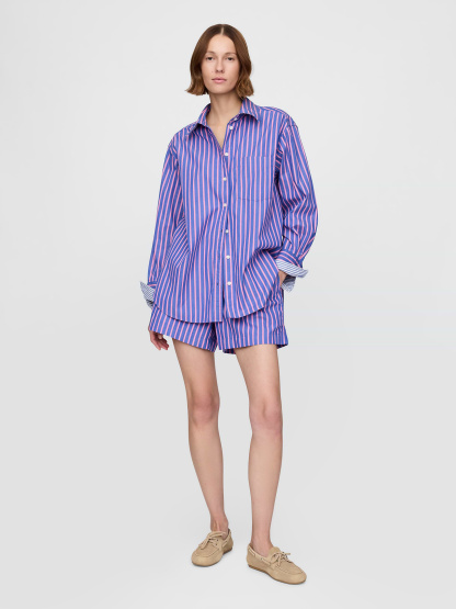 Organic Cotton Poplin Stripe Big Shirt - Pink and blue stripe