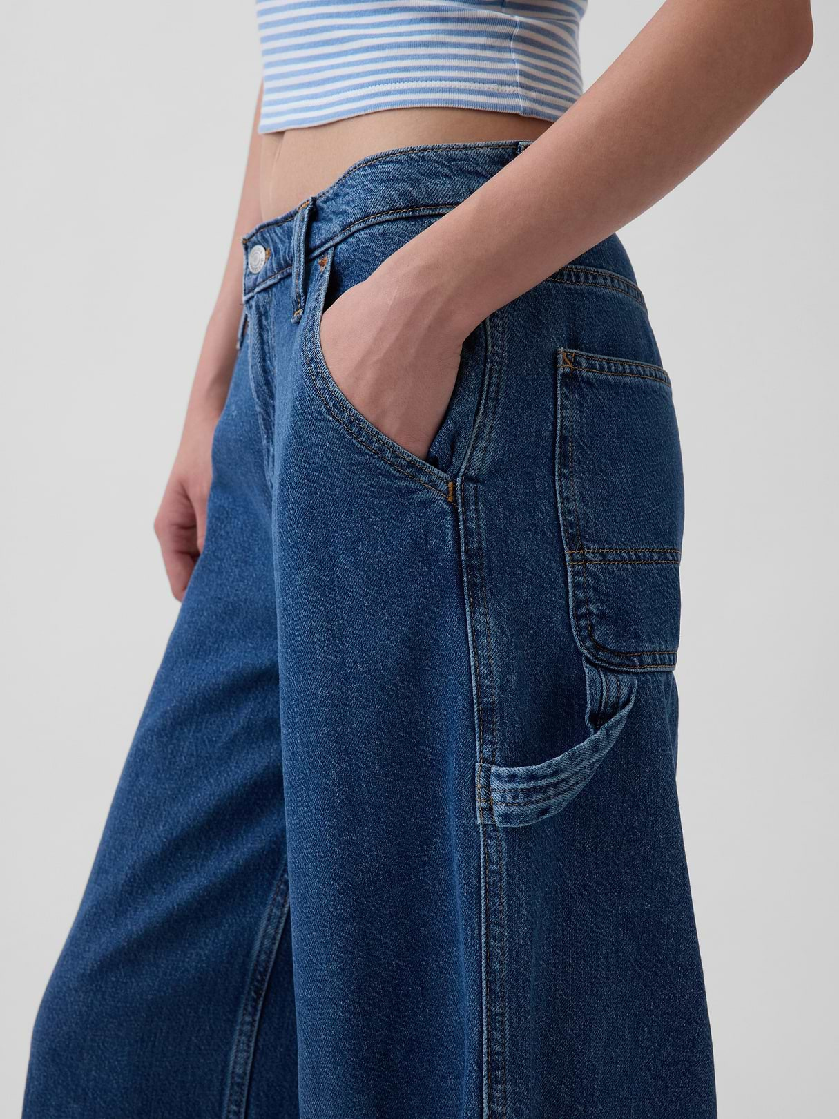 Mid Rise Denim Stripe Baggy Jeans - Dark indigo