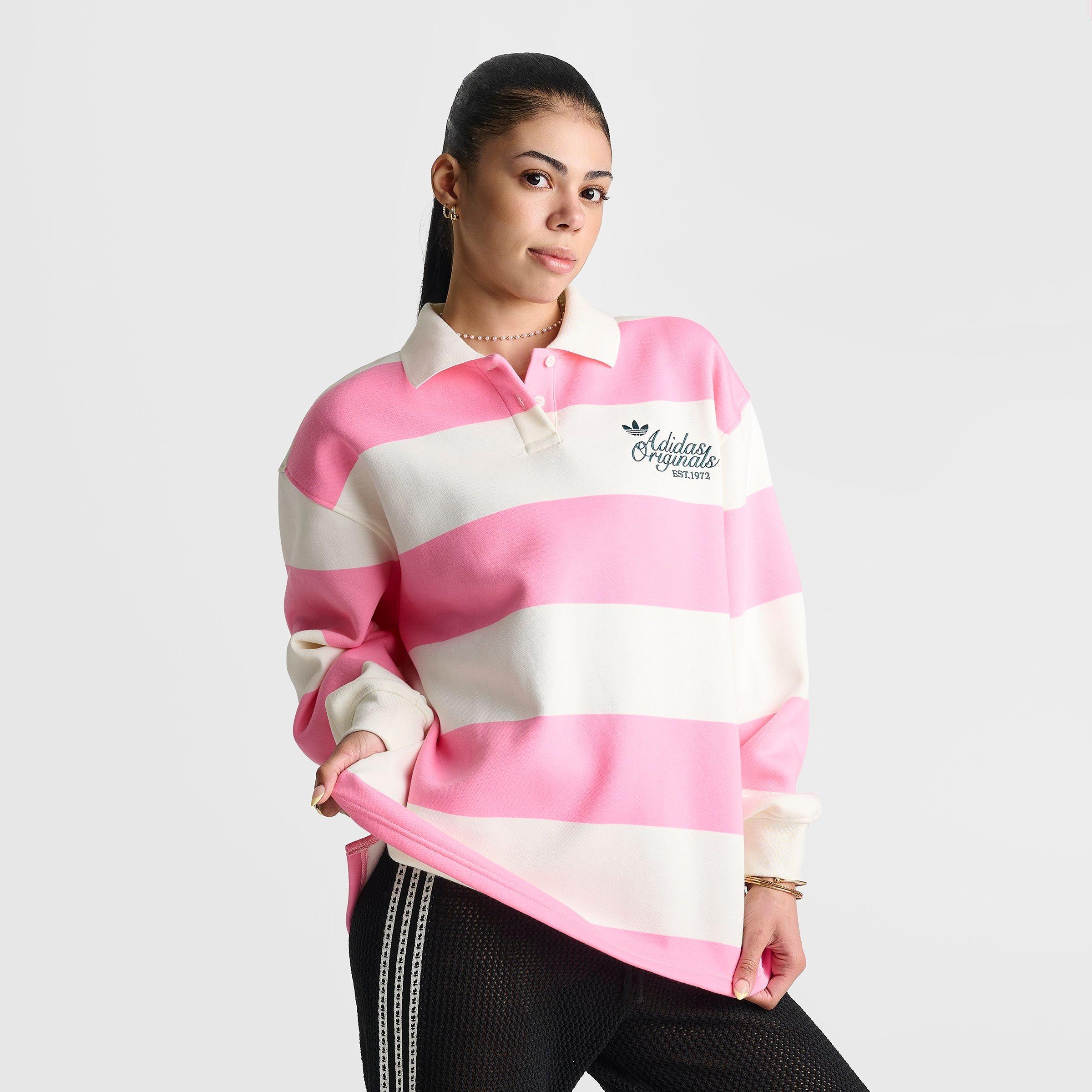 Women's adidas Originals Striped Long-Sleeve Collar Crewneck Sweatshirt - Semi Pink Glow