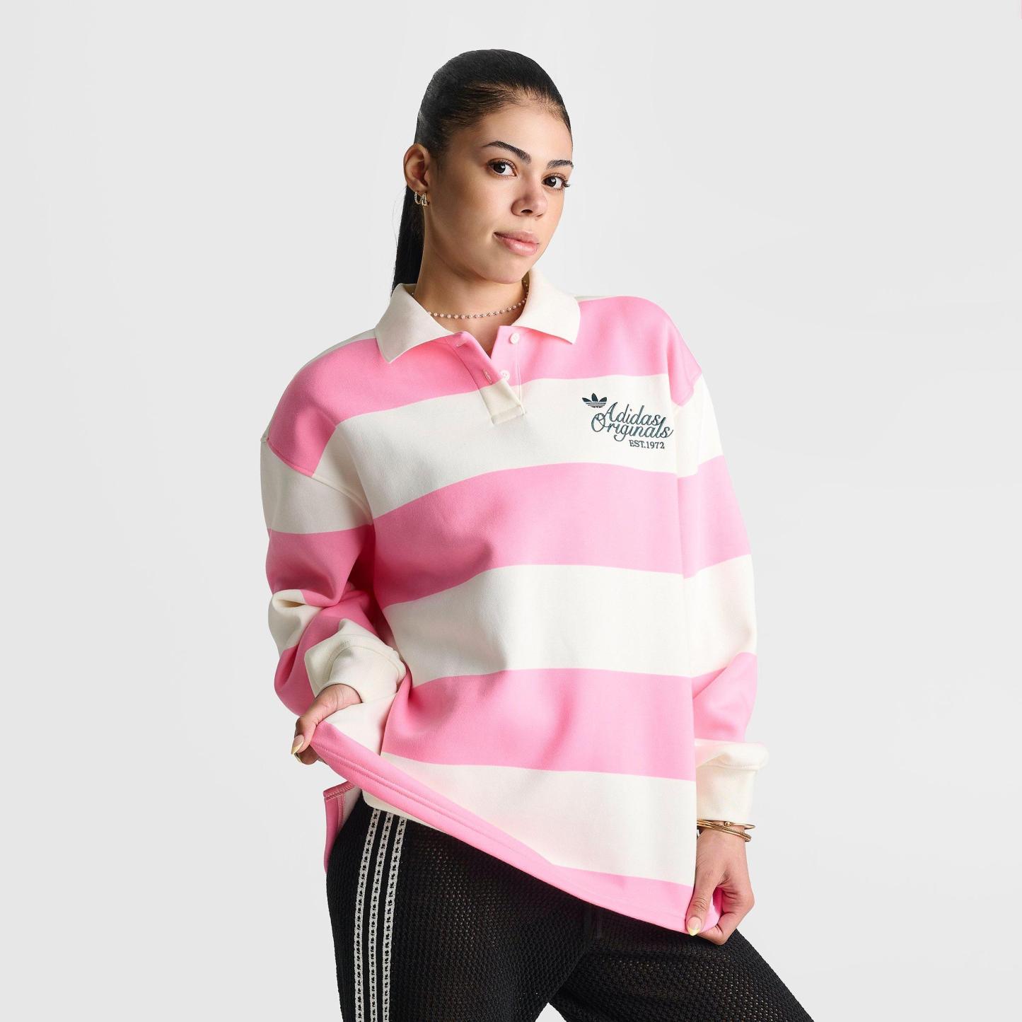 Women's adidas Originals Striped Long-Sleeve Collar Crewneck Sweatshirt - Semi Pink Glow