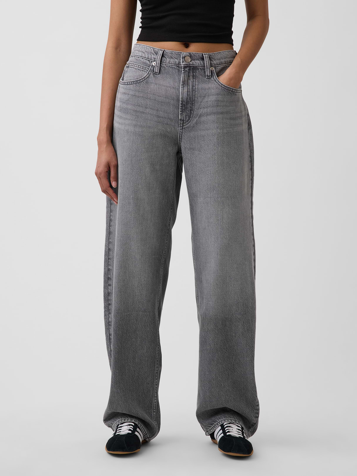 High Rise Khaki Stripe Barrel Jeans - Grey wash