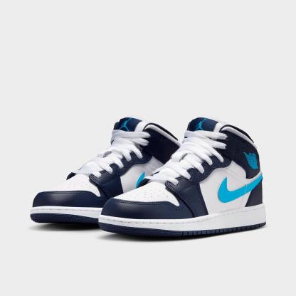 Big Kids' Air Jordan Retro 1 Mid Casual Shoes - Obsidian/White/Dark Powder Blue - view 2