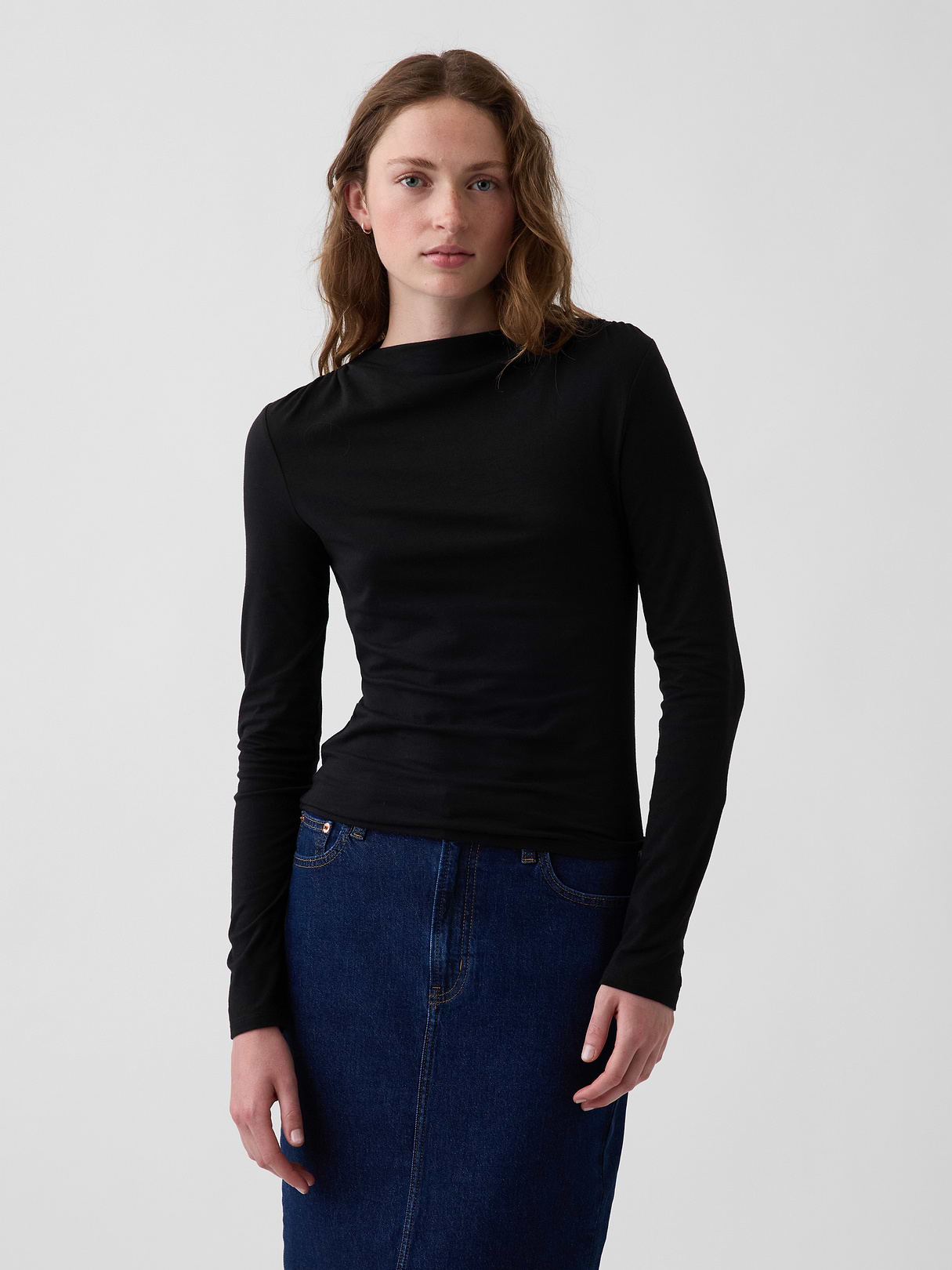 CloseKnit Jersey Funnel-Neck Ruched T-Shirt - Black