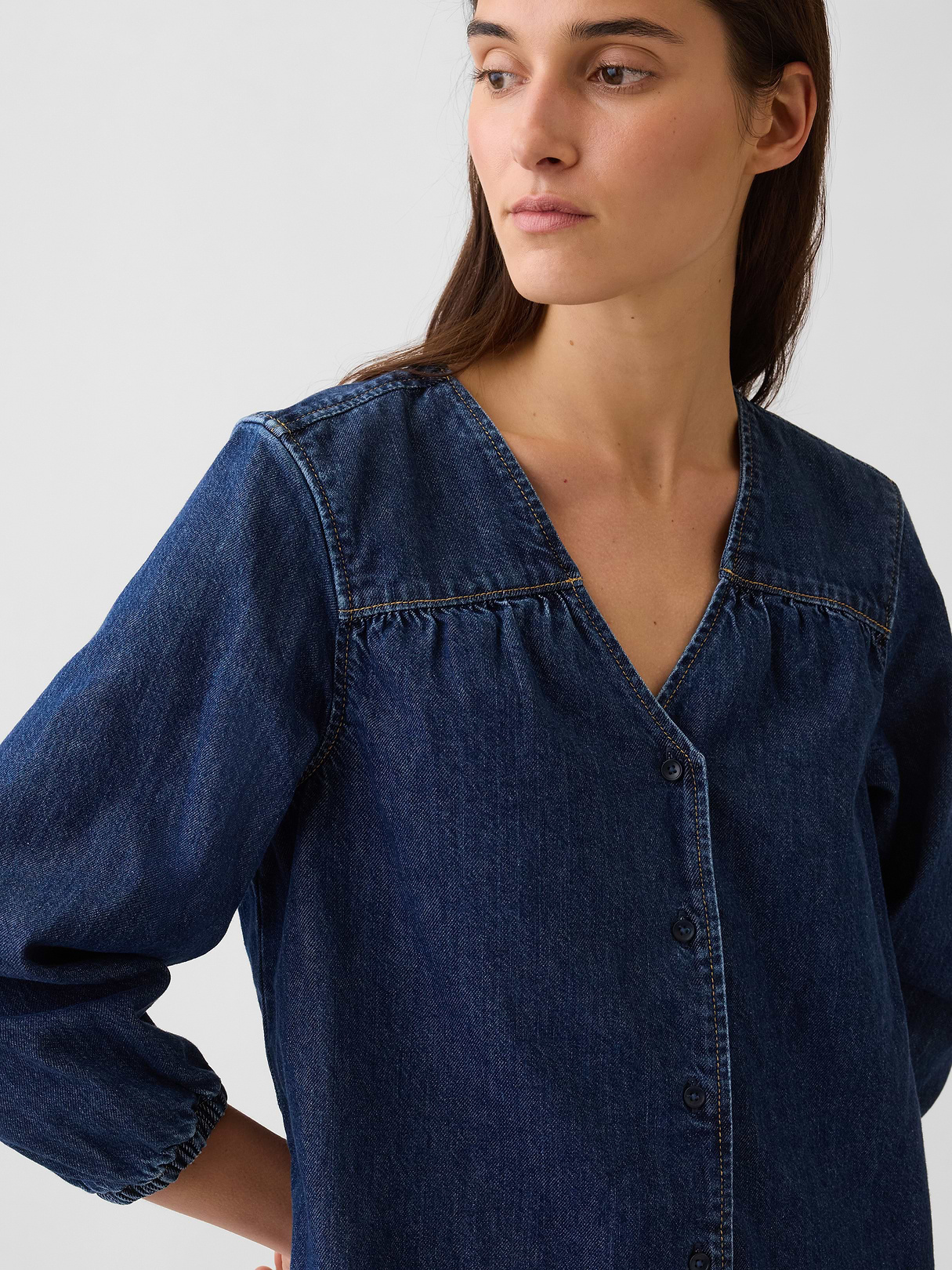 Denim V-Neck Shift Mini Dress - dark wash
