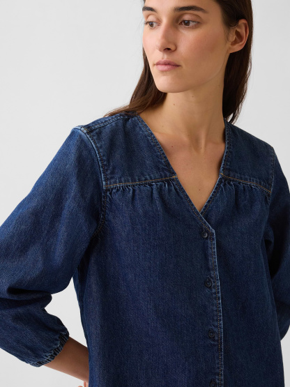 Denim V-Neck Shift Mini Dress - dark wash