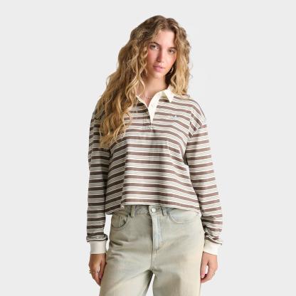Women's adidas Originals Striped OVZD Long-Sleeve Polo T-Shirt - Earth Strata/Ice Blue
